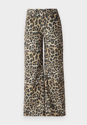 Pantalons larges à imprimé léopard en tissu doux, avec des taches noires et brunes sur un fond beige. Cinq poches et fermeture à bouton.