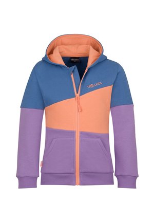 Children's zip-up hoodie with color blocks in blue, peach, and purple, featuring a hood and front pockets.