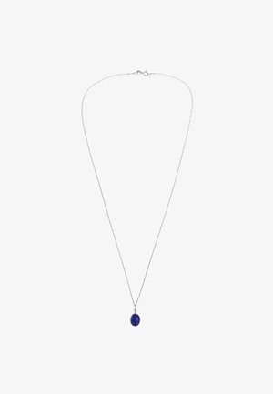 Collier en chaîne argentée avec un pendentif en lapis-lazuli ovale texturé. Le pendentif présente une couleur bleu profond avec de subtiles veines plus claires.