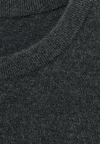 Dunkelgrauer Strickpullover mit strukturierter Oberfläche und geripptem Rundhalsausschnitt. Keine sichtbaren Muster oder Hardwaredetails.