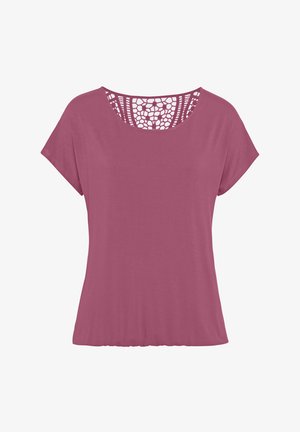 Camiseta de manga corta y escote redondo en rosa polvo, con un delicado inserto de encaje en la parte posterior. Tejido suave, corte relajado y sin herrajes visibles.
