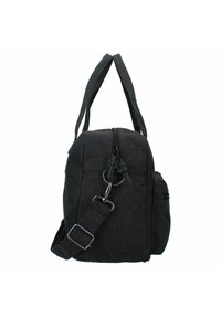 Sac de sport noir en tissu avec double poignées, bandoulière réglable et détachable, fermeture éclair principale et poche latérale zippée.
