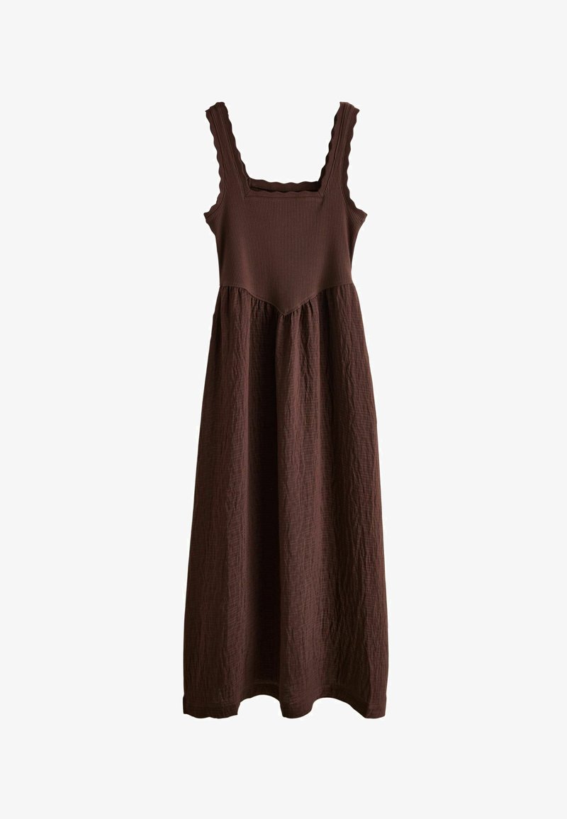 Sleeveless brown midi dress with ribbed fitted bodice, scalloped square neckline and textured A-line skirt.