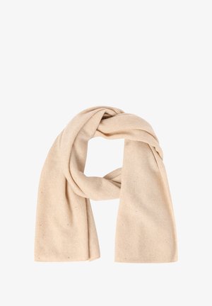 Beiger, gestrickter Schal mit weicher Textur und dezenten Sprenkeln. Rechteckige Form, lässig drapiert zur Präsentation.