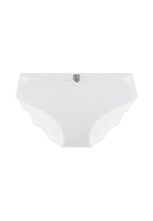 Bragas hipster blancas para mujer con encaje en el borde, un pequeño lazo en el frente y etiqueta de la marca en el centro de la cintura.