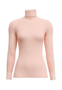 Light pink ribbed long-sleeve turtleneck top with lace accents at the cuffs, made from a soft knit material. Fitted silhouette.