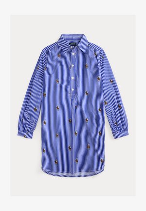 Blå og hvide stribede skjorte med knapper og lange ærmer, med lille broderi af en rytter. Materialet er sandsynligvis bomuld med en glat tekstur.