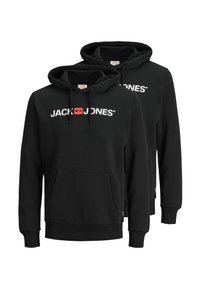 Schwarze Kapuzenpullover mit einer Fronttasche, weißem "JACK & JONES" Logo, Kordeln und gerippten Bündchen. Zwei Pullover ausgestellt.