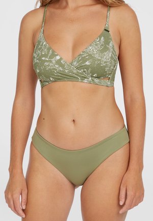 Olive green bikini set featuring a patterned triangle top with thin straps and matching solid high-waisted bottom. Smooth, stretchy fabric.