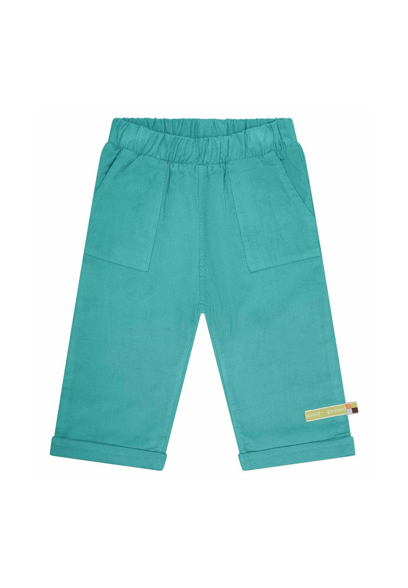 Pantaloni di velluto a coste turchesi con elastico in vita, due tasche frontali e orli arrotolati. Presenta un'etichetta laterale con "loud + proud."