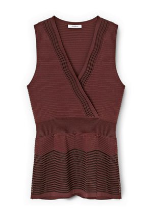 Top de punto sin mangas en marrón oscuro, con escote en v, detalle de frente cruzado y rayas horizontales texturizadas en la mitad inferior.