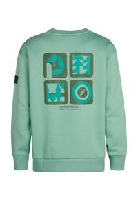 Sweatshirt à col rond vert clair avec un imprimé graphique au dos comportant quatre designs abstraits, fabriqué en coton doux.