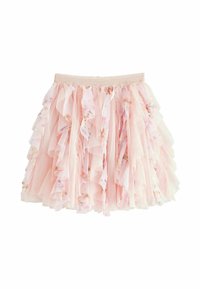Rosa Rüschrock mit gestuftem Design, das ein Blumenmuster auf transparenter Stoff präsentiert und einen elastischen Bund für zusätzlichen Komfort hat.