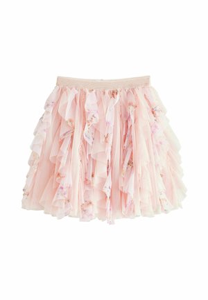 Gonna rosa arricciata con un design a strati, caratterizzata da una stampa floreale su tessuto trasparente e una vita elastica per il comfort.