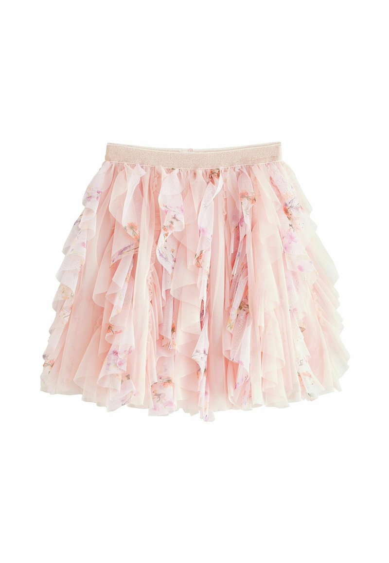 Rosa Rüschrock mit gestuftem Design, das ein Blumenmuster auf transparenter Stoff präsentiert und einen elastischen Bund für zusätzlichen Komfort hat.