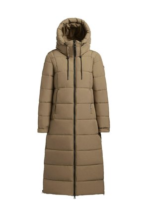 Manteau long matelassé en kaki avec un col haut et une capuche. Comprend une fermeture éclair intégrale, deux poches latérales et des sections horizontales couturées.