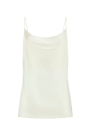 Weißes, seidiges Camisole-Top mit dünnen Spaghettiträgern und einem leichten Fall am Ausschnitt.