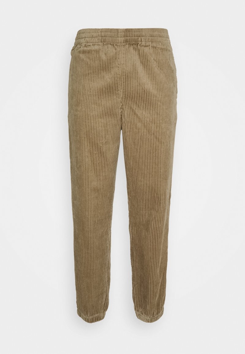 Corduroy broek in een gedempt bruine kleur, met een zachte textuur, elastische tailleband en verticale ribbelpatroon. Tapered leg ontwerp.