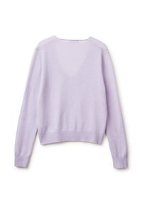 Fioletowy sweter z długimi rękawami, okrągłym dekoltem i prążkowanym wykończeniem. Miękka tekstura o prostym designie, bez widocznych zdobień.