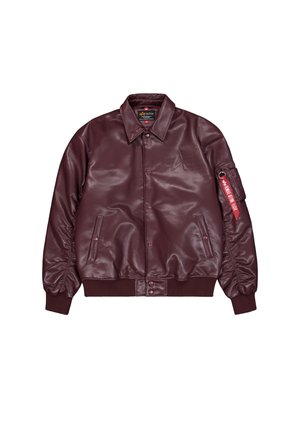 Maroon leather bomber jacket with snap buttons, two front pockets, ribbed cuffs and hem, and a zipper pocket with red tag on the left sleeve.