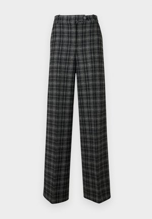 Pantalon large à carreaux noirs et gris avec fermeture à boutons et ceinture, présenté sur fond blanc.