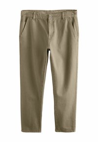 Pantalons en coton beige à coupe régulière, avec deux poches avant, une fermeture à bouton et une texture lisse et mate.