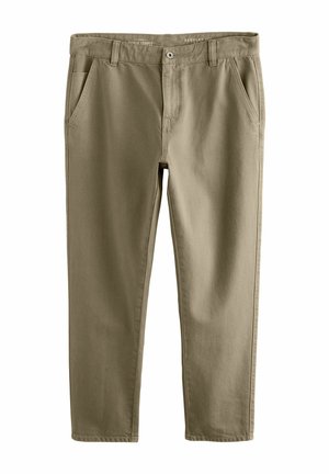Beige cotton trousers with a regular fit, featuring two front pockets, a button closure, and a smooth, matte texture.