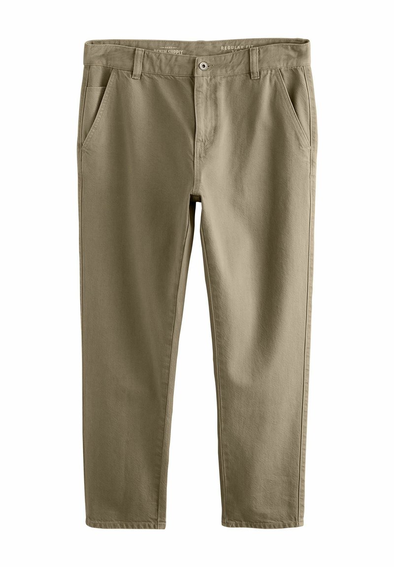 Pantalons en coton beige à coupe régulière, avec deux poches avant, une fermeture à bouton et une texture lisse et mate.