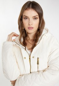 Witte gewatteerde pufferjack met een capuchon, voorzien van gouden ritssluitingen en drukknoopjes, en een gladde, licht glanzende textuur.