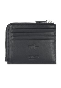 Schwarzer Leder-Kartenhalter mit sechs Kartenfächern, Reißverschlussfach oben und geprägten Logos "RFID Stop" und "Picard Germany" auf der Vorderseite.