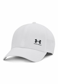 Casquette blanche avec une surface texturée, un bord incurvé et un patch logo Under Armour noir. Elle présente un design respirant pour le confort.