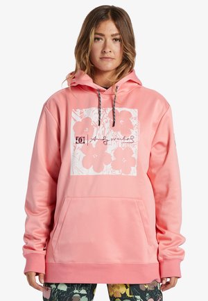Roze hoodie met een bloemenprint op de voorkant, voorzien van een grote kangoeroezak en een trekkoordaccent.