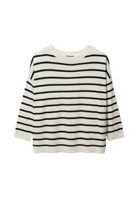 Pull blanc avec des rayures noires horizontales, col rond, manches trois-quarts et coupe décontractée. Texture douce et matériau léger.