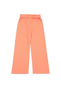 Pantaloni a gamba larga di colore pesca con una texture morbida, dotati di una cintura elastica arricciata e di una linea dritta, privi di tasche o rifiniture.