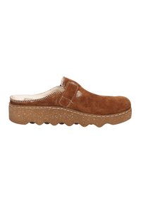 Brown suede slip-on shoes with a textured, wavy sole and white stitching. Features a side strap with a circular accent.