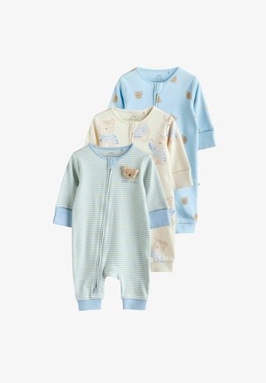 Tre tutine per neonati in morbido cotone: una a righe blu, una crema con stampa di orsetti e una blu chiaro uniforme, tutte con scollature rotonde e bottoni.