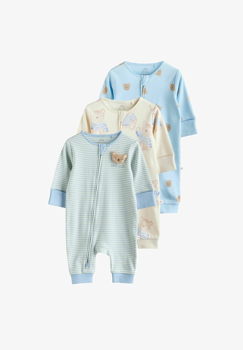 Három puha pamut babakombináció: egy csíkos kék, egy krémszínű medve mintás és egy egyszínű világoskék, kerek nyakkivágással és gombokkal.