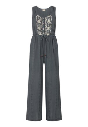 Ärmelloser dunkelgrauer Jumpsuit mit weitem Bein, vorderseitiger Blumenstickerei, Knopfleiste und verstellbarem Taillenband mit Holzperlen.
