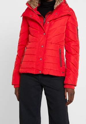 Person trägt eine leuchtend rote gesteppte Jacke mit pelzbesetztem Kragen, Reißverschluss und Druckknöpfen, kombiniert mit schwarzer Hose vor neutralem Hintergrund.