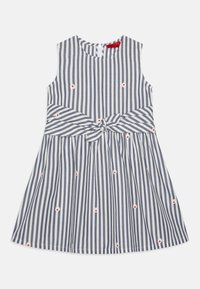 Gestreiftes Kleid aus Navy- undweißem Baumwollstoff mit ärmellosem Design, gebundenem Taillendetail und kleinen roten Blumenstickereien.