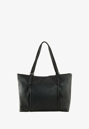 Bolso tote de cuero negro con superficie texturizada, dos asas y detalle de cremallera. Forma rectangular y amplio interior para un uso práctico.