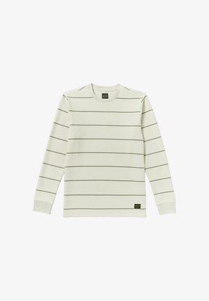 Długi rękaw kremowy top w cienkie poziome oliwkowe paski, o ryflowanej fakturze i okrągłym dekolcie. Małe logo marki na dolnym hemie.