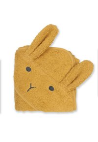 Yellow terry cloth baby towel shaped like a rabbit, featuring floppy ears, embroidered facial details, and a soft texture.