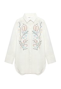 Hvid langærmet skjorte med spidse kraver, prydet med farverig blomsterbroderi og knaplukning foran, rundet kant og lige manchetter.