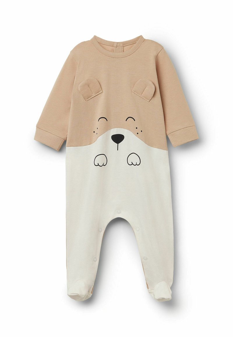 Beige und cremefarbener Baumwollstrampler mit einem Bärenkopfmuster. Lange Ärmel, Druckknopfverschluss am Boden und Ohrenapplikationen auf den Schultern.