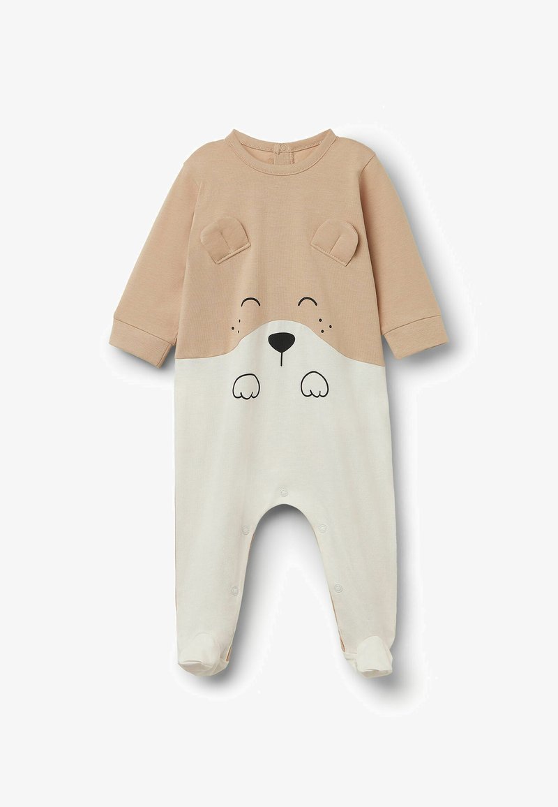 Beige und cremefarbener Baumwollstrampler mit einem Bärenkopfmuster. Lange Ärmel, Druckknopfverschluss am Boden und Ohrenapplikationen auf den Schultern.