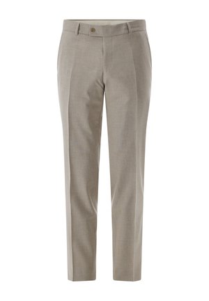 Maßgeschneiderte hellbeige Hose, gerade geschnitten, mit zwei vorderen Falten, einem Knopfverschluss und Gürtelschlaufen. Der Stoff hat eine feine Textur.