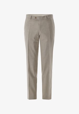 Maßgeschneiderte hellbeige Hose, gerade geschnitten, mit zwei vorderen Falten, einem Knopfverschluss und Gürtelschlaufen. Der Stoff hat eine feine Textur.