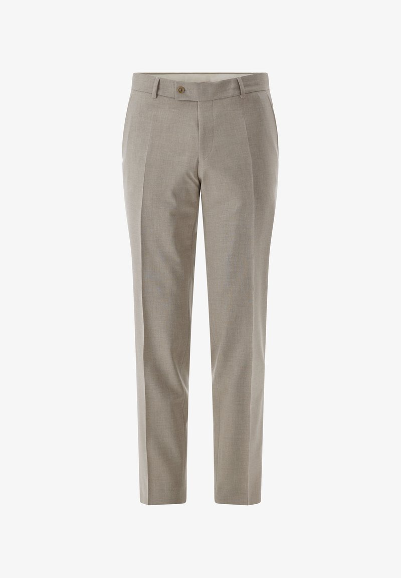 Tailored light beige trousers, straight fit, with two front pleats, a button closure, and belt loops. Fabric has a subtle texture.