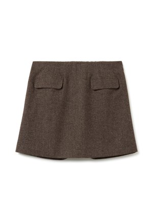 Brown wool mini skirt with two front flap pockets and a slight A-line silhouette on a white background.